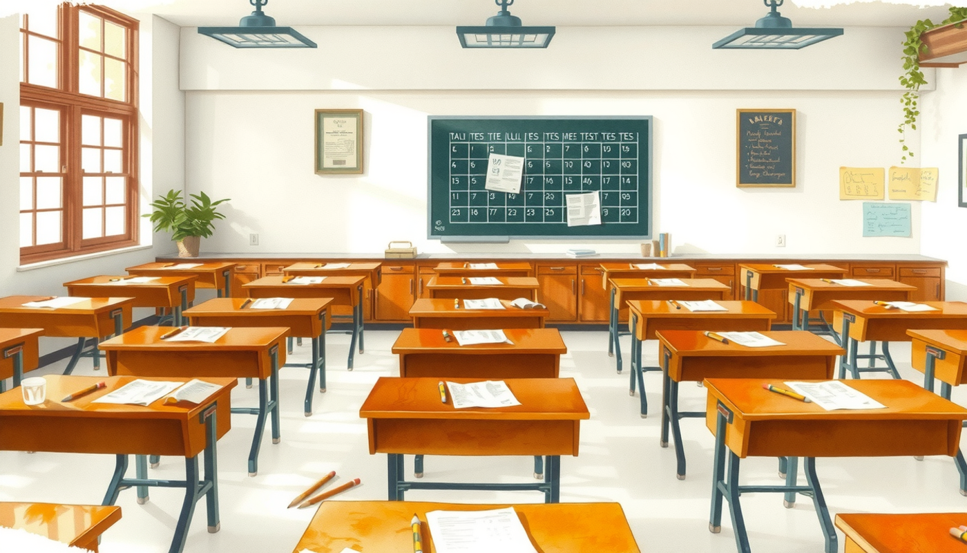 Overhead view of a vintage 1930s classroom with wooden desks.