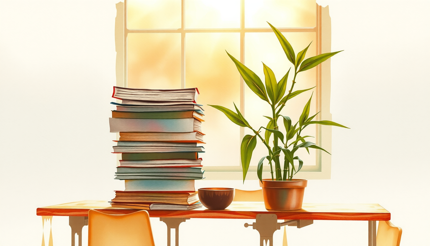 1930s schoolroom desk with tests and bamboo plant in warm light