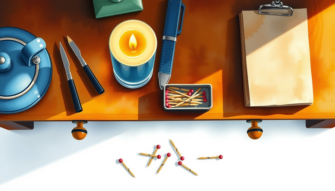 1940s wooden desk with candle, thumbtacks, and matches in warm light