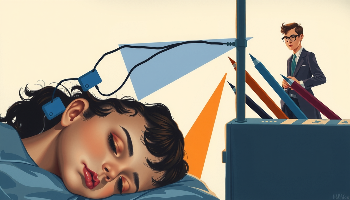 Child sleeping with EEG electrodes, researcher amazed by polygraph readings.