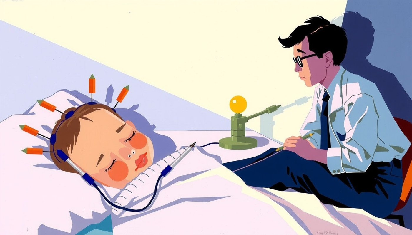 1950s sleep laboratory scene with child, researcher, and polygraph.