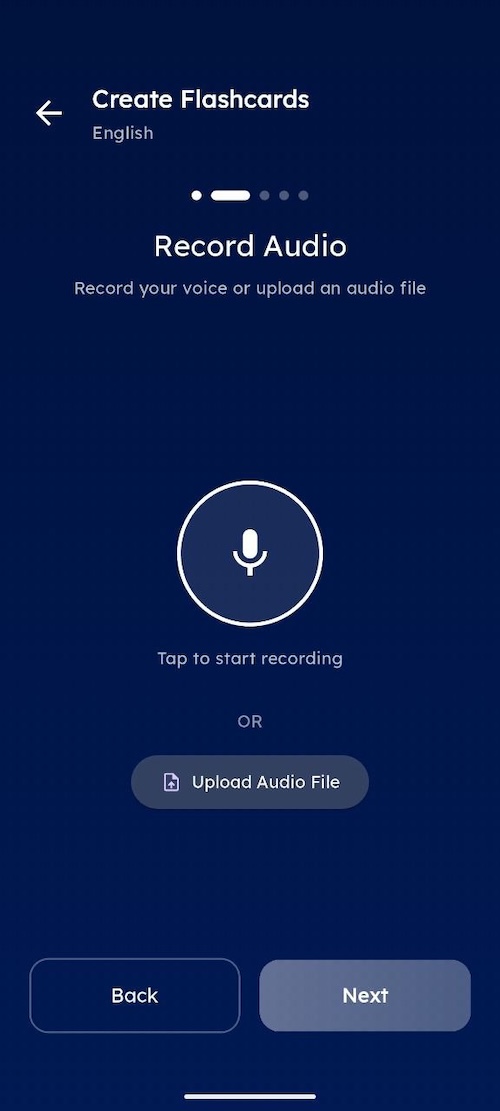 Mobile — Recording screen with microphone active and audio waveform visible