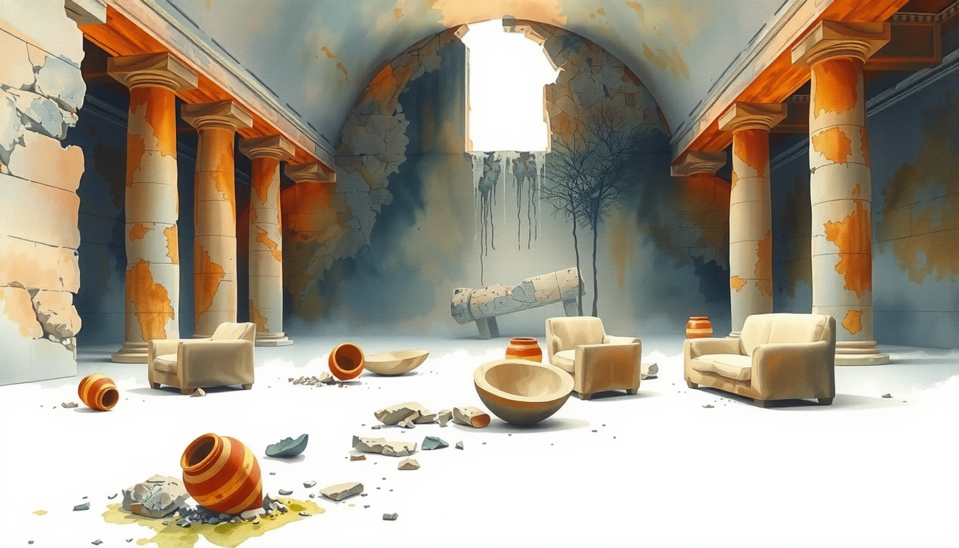 Deserted classical ruin with toppled couches and scattered ceramics.