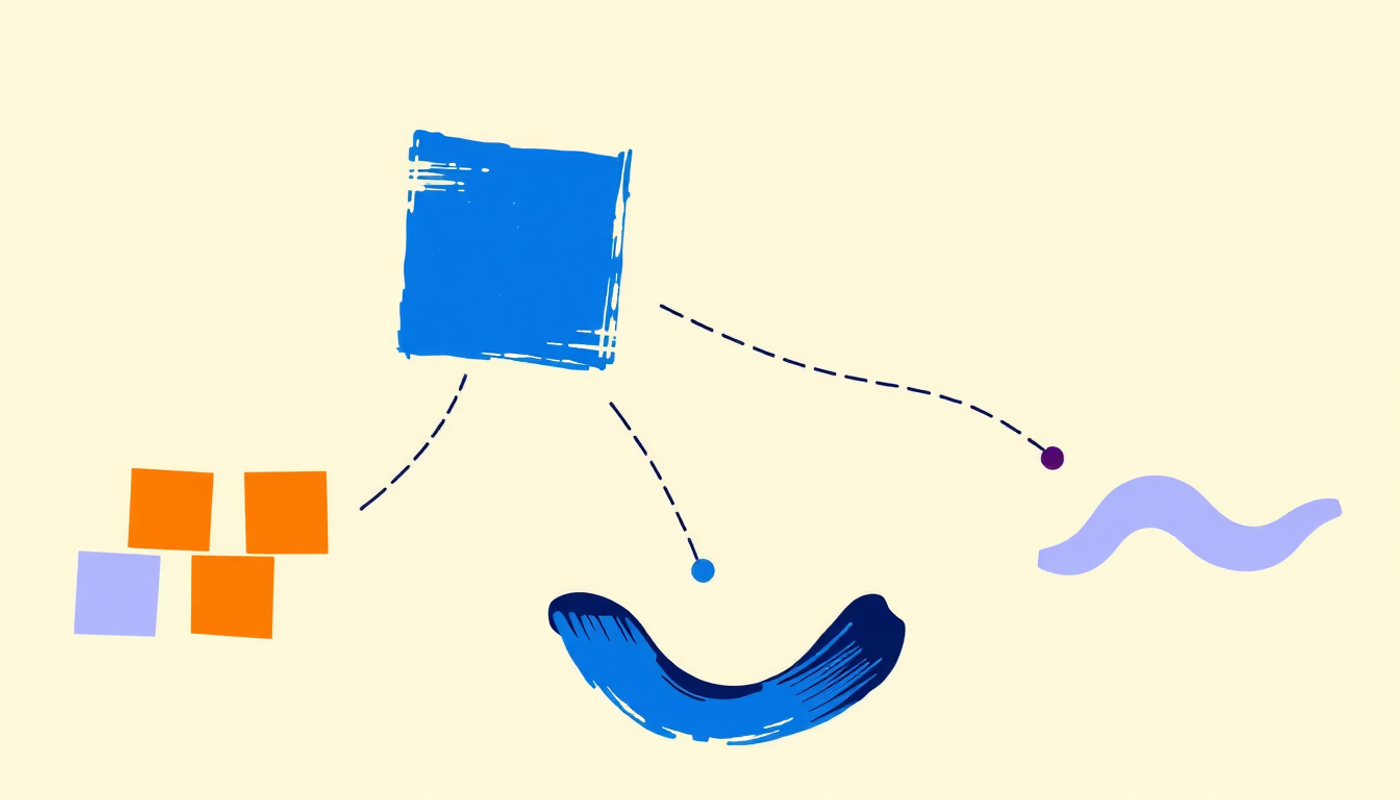 Abstract diagram of flashcard icon with three algorithm paths and patterns.