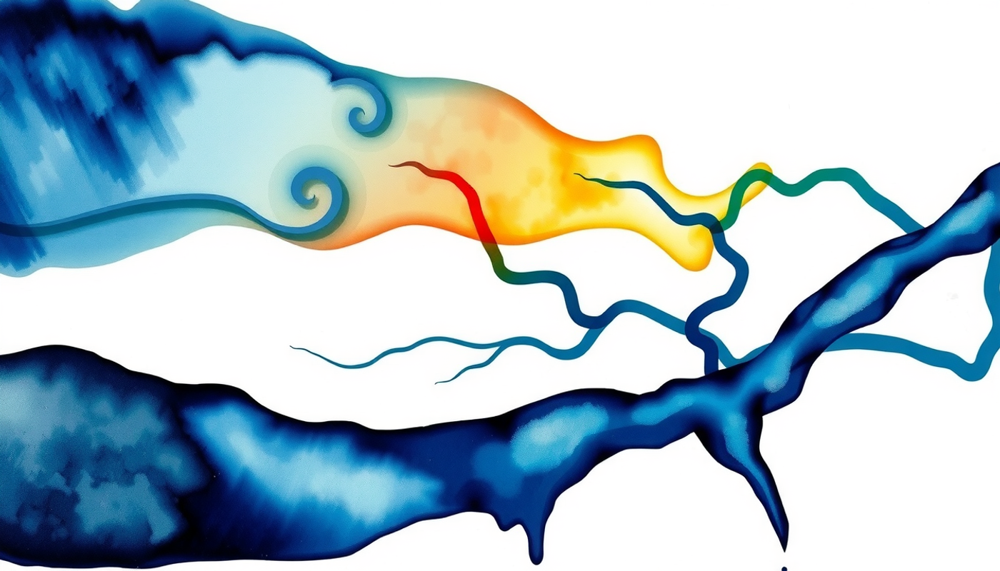 Abstract depiction of algorithms as flowing water systems, evolving complexity.