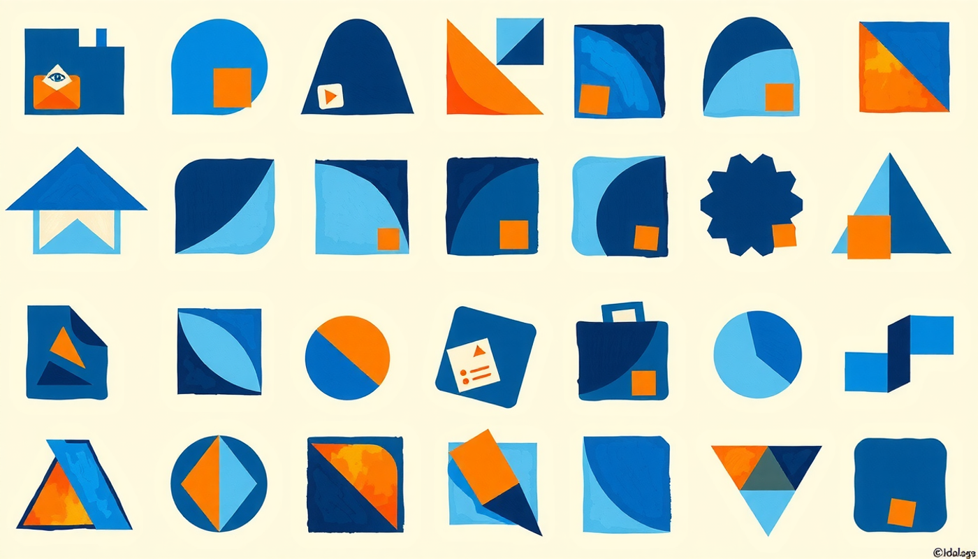 Fifteen abstract app icons in a grid on a gradient background.