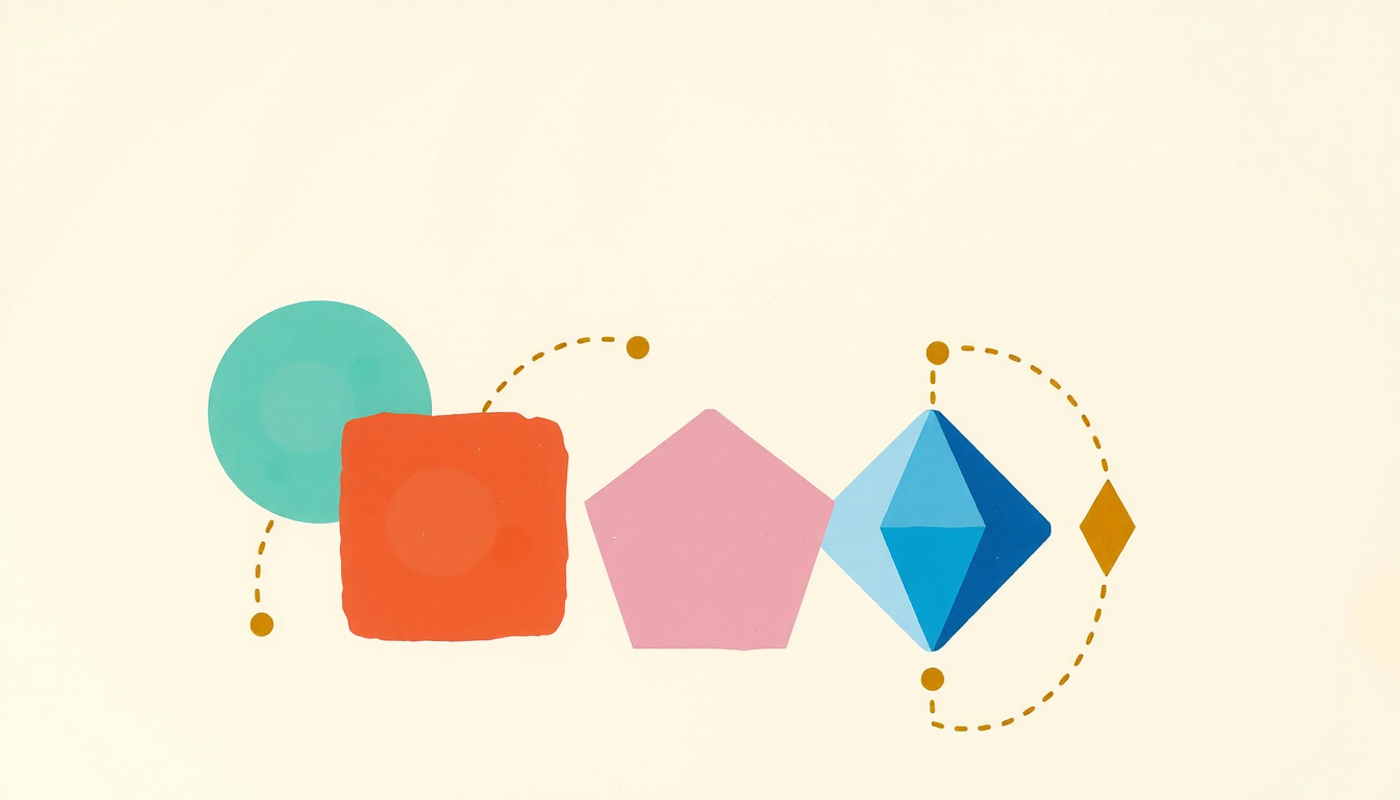 Five colorful abstract app icons in geometric shapes with dotted connections.