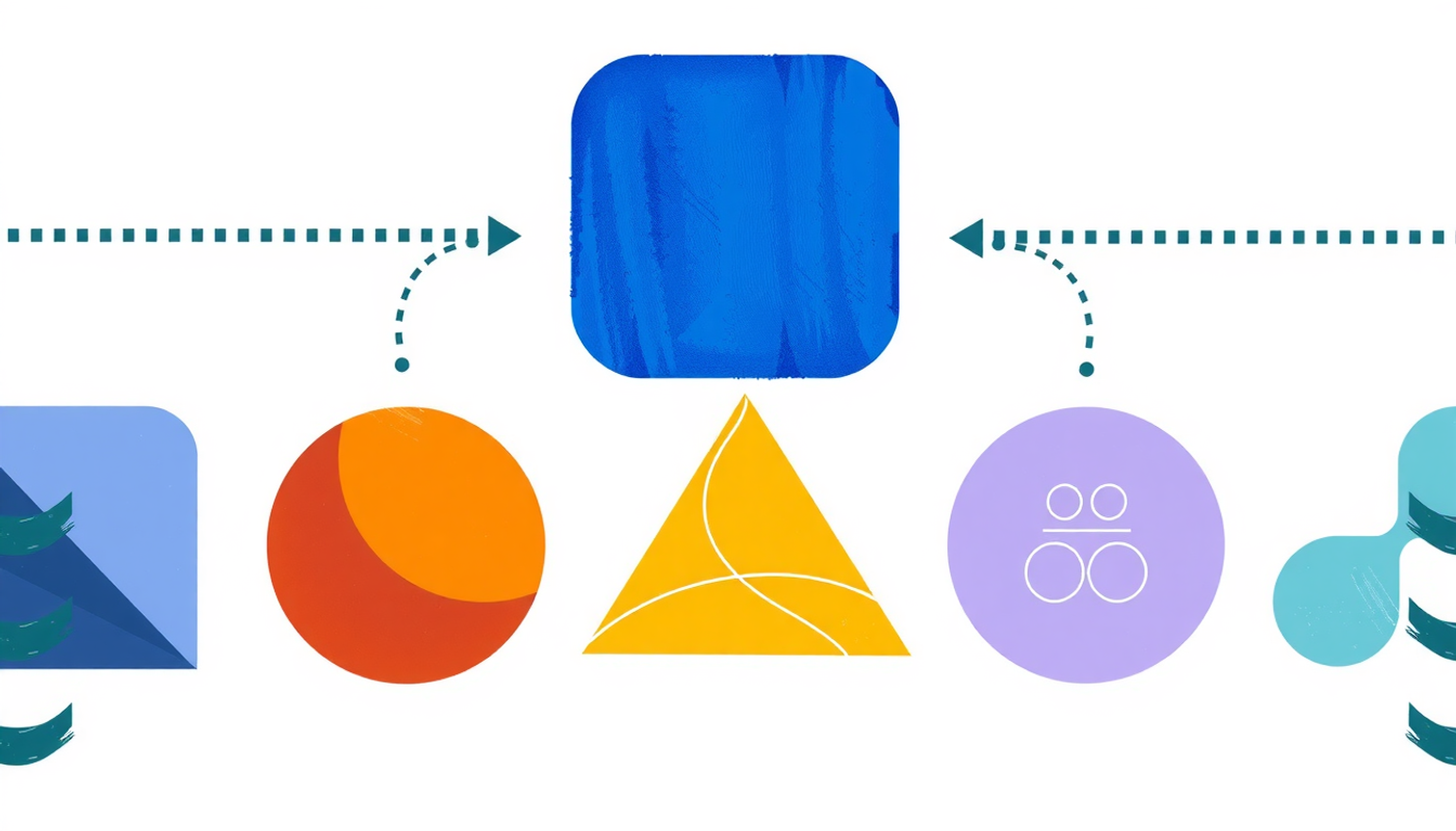 Six pastel-colored geometric app icons connected by dotted arrows.