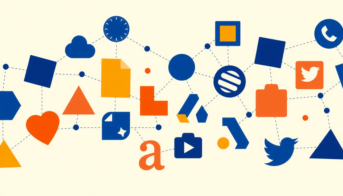 Fifteen colorful abstract app icons in a flowing wave pattern.