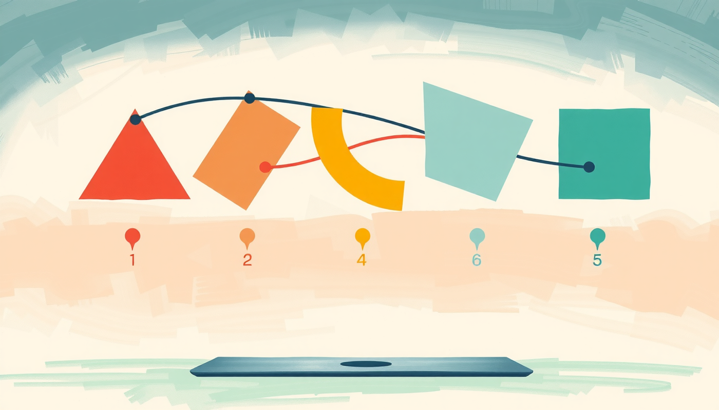 Six glowing geometric shapes in an arc above a laptop.