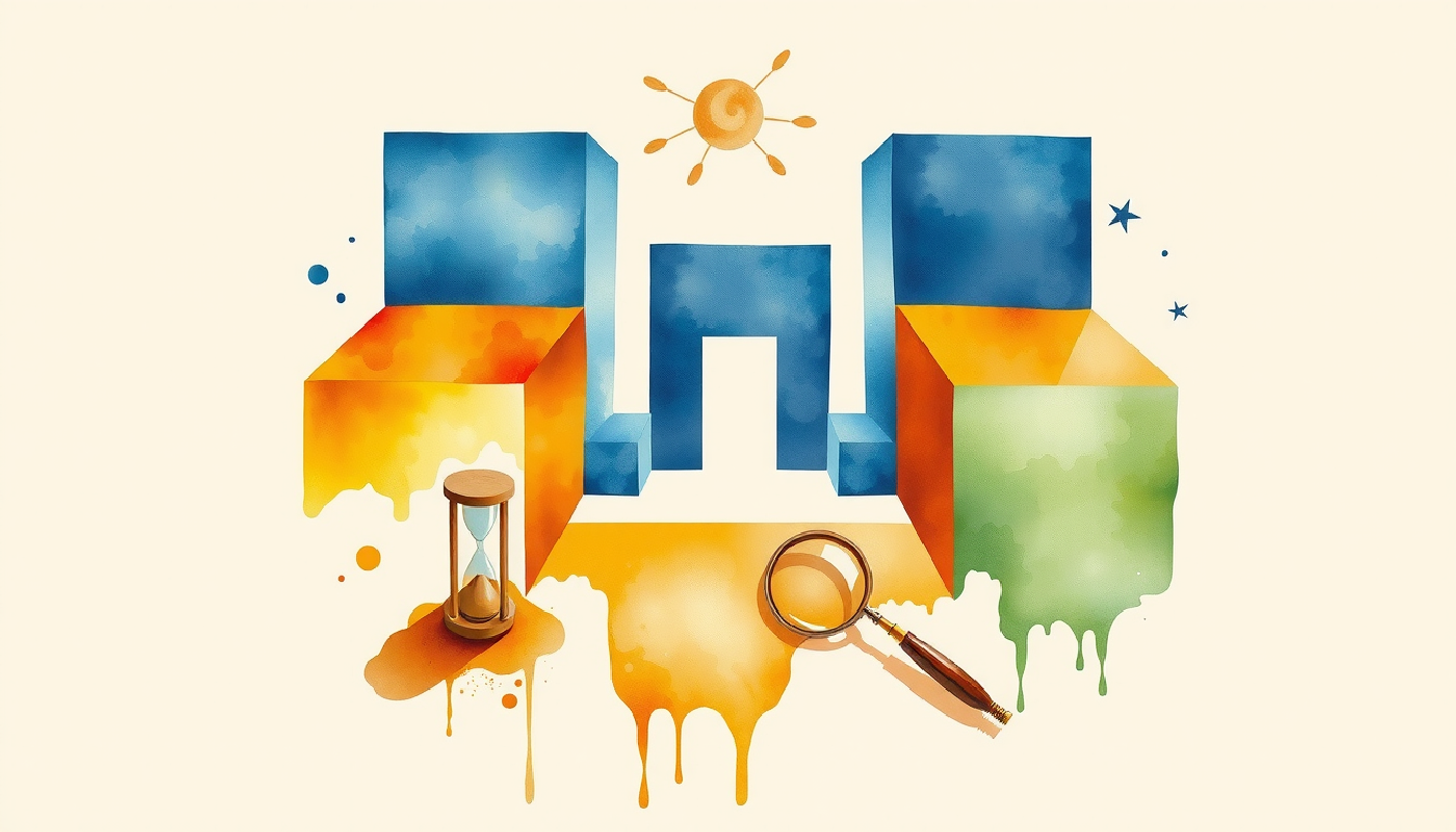 Abstract geometric blocks in blue, amber, and green with scientific tools.