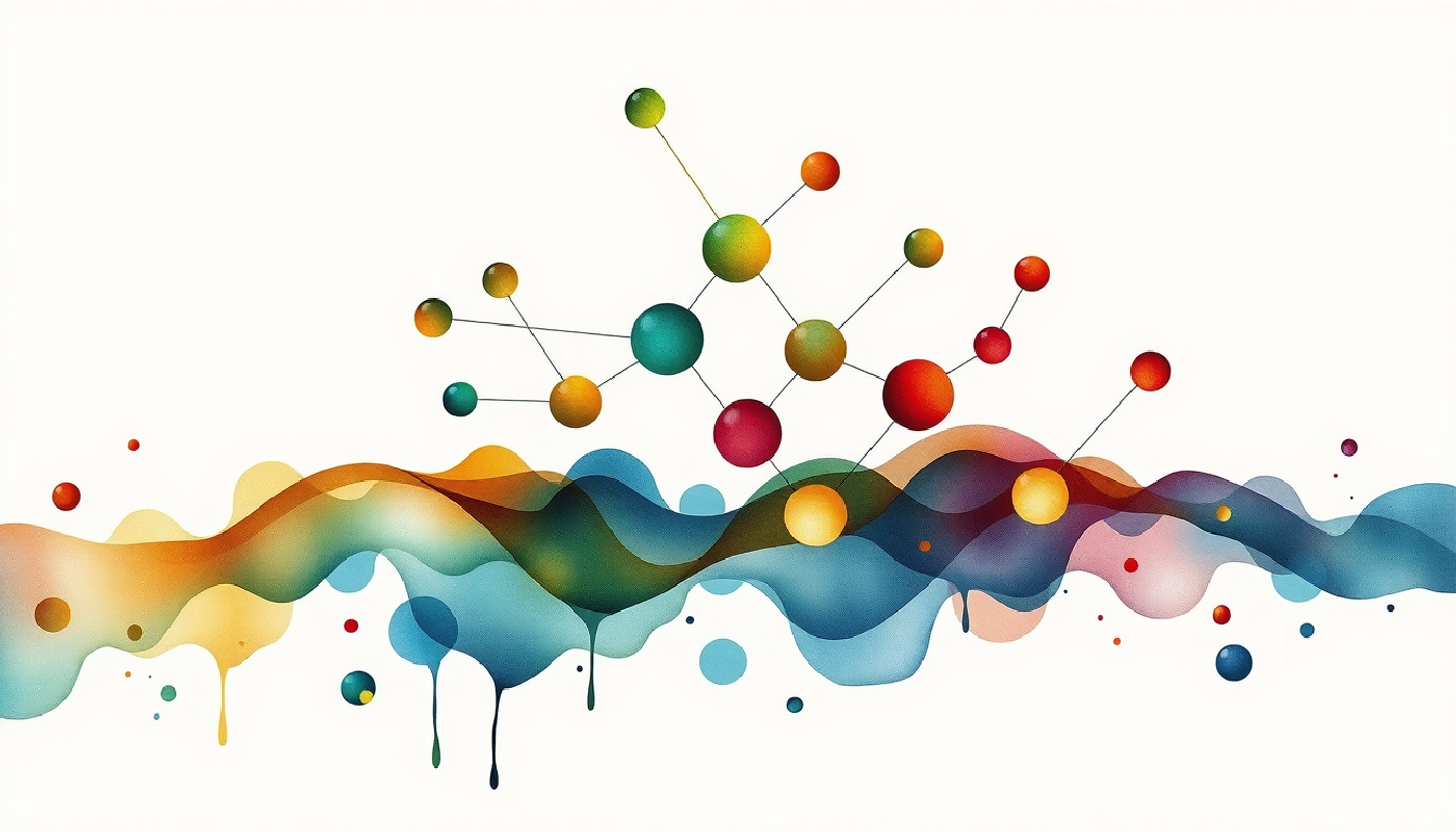 Abstract Bayesian network with glowing probability bubbles on dark surface.