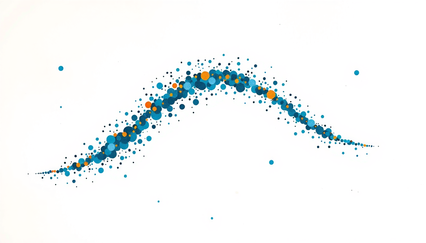 Glowing particles form a bell curve of dopamine neurons in indigo and gold.