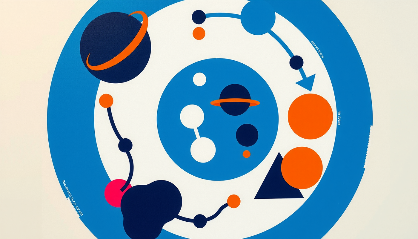 Abstract diagram of biochemistry subdomains with molecular structures and pathways.