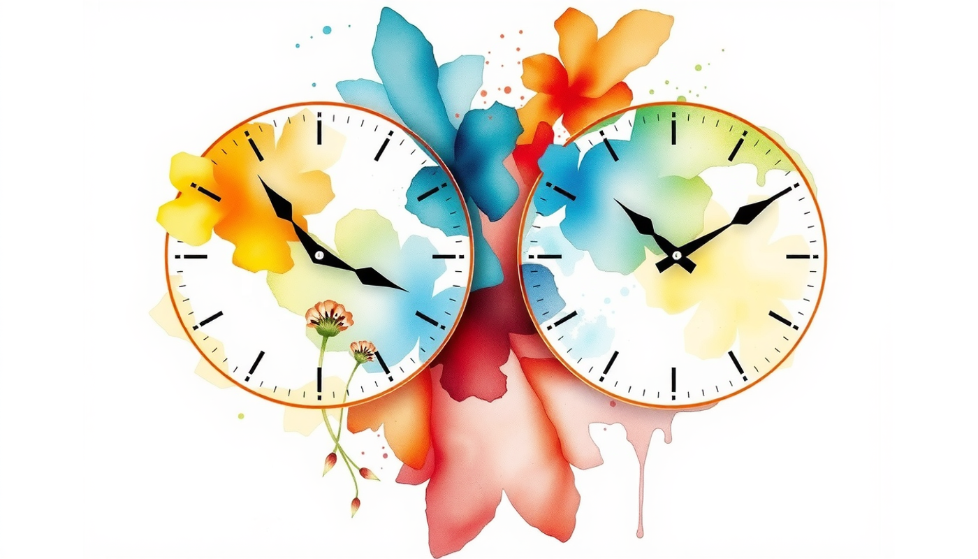 Artistic clocks symbolizing female and male biological timelines with color transitions.