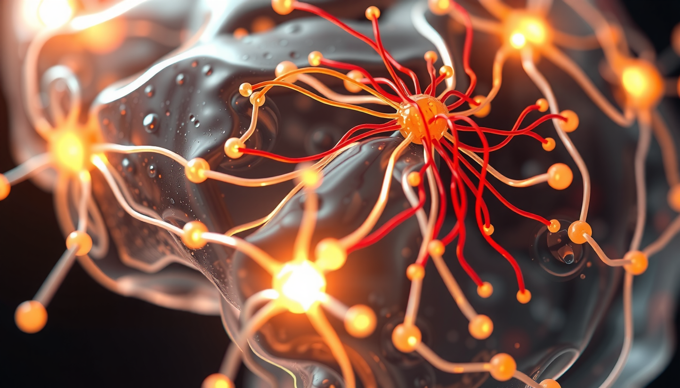 Abstract brain with calm patterns and chaotic red-orange signals.