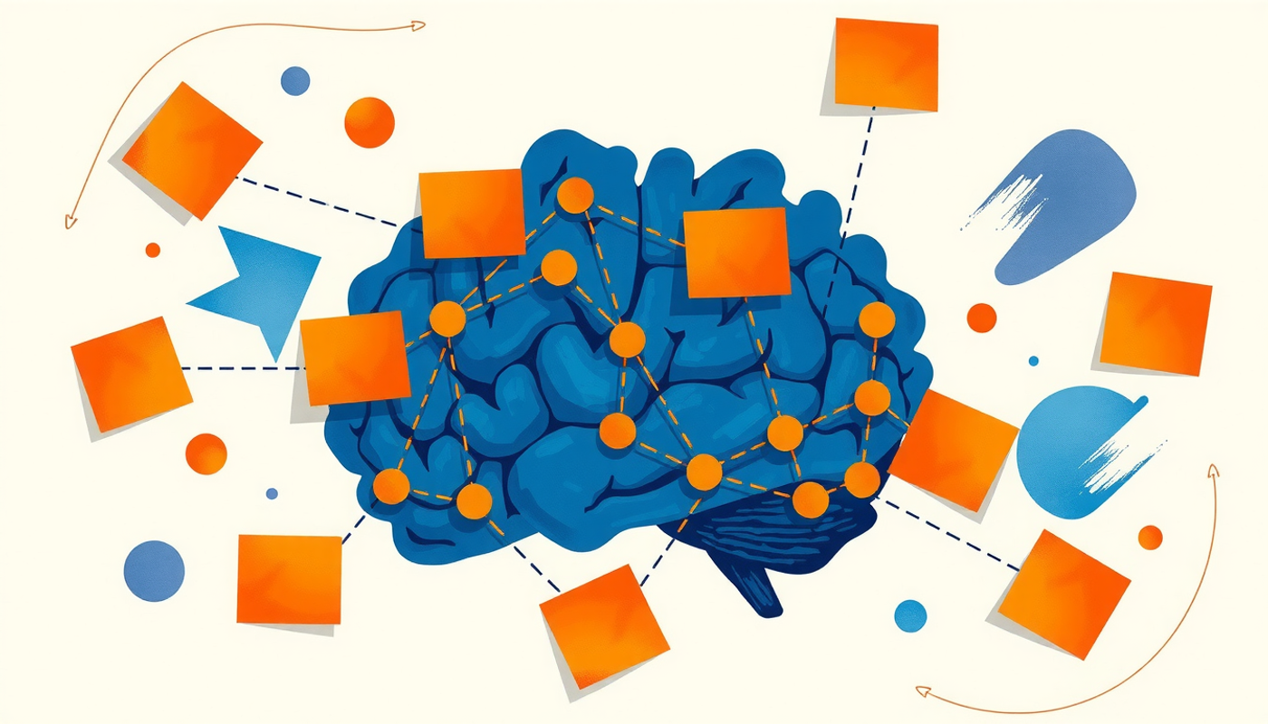 Abstract brain design with nodes and orbiting flashcard icons on gradient background.