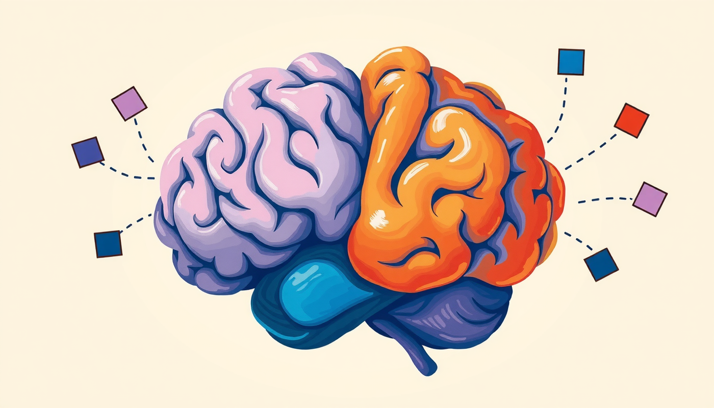 Brain divided into vibrant and faded halves, surrounded by floating flashcards.