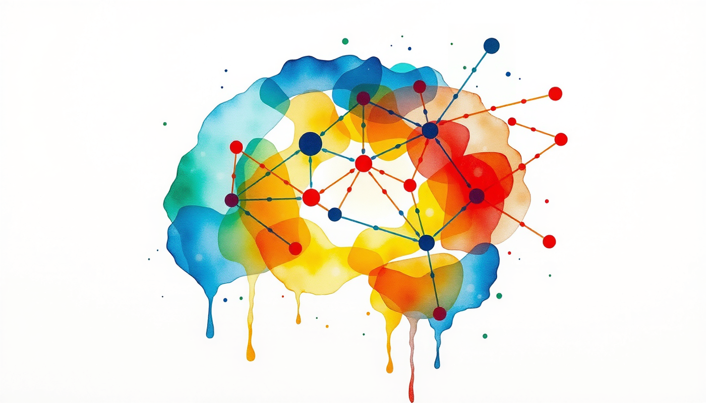 Abstract brain network graph showing modular clusters merging into an integrated state.