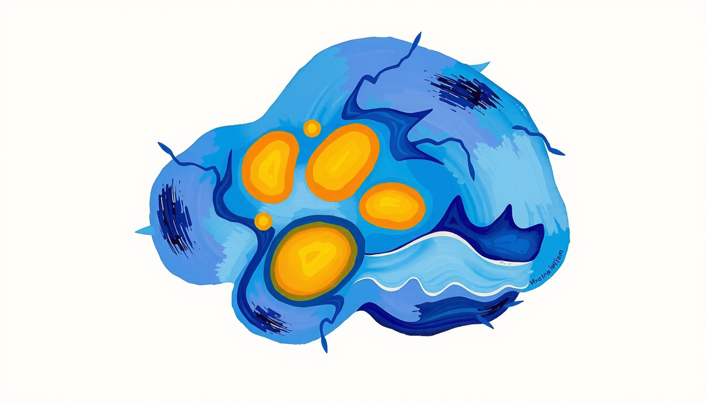 Abstract brain scan with glowing regions in orange and yellow.
