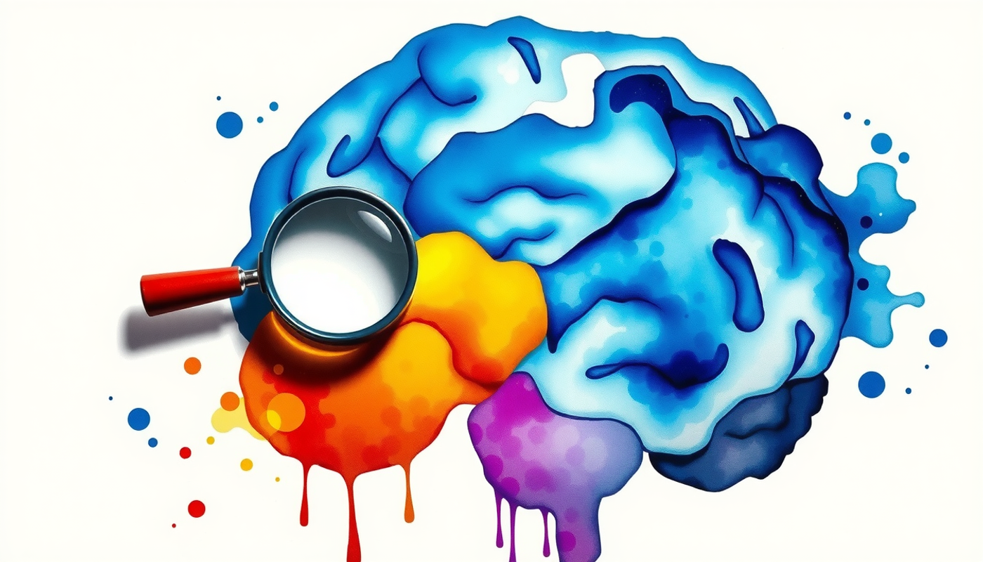 Cross-section brain map with magnifying lens, cool blues and violets.