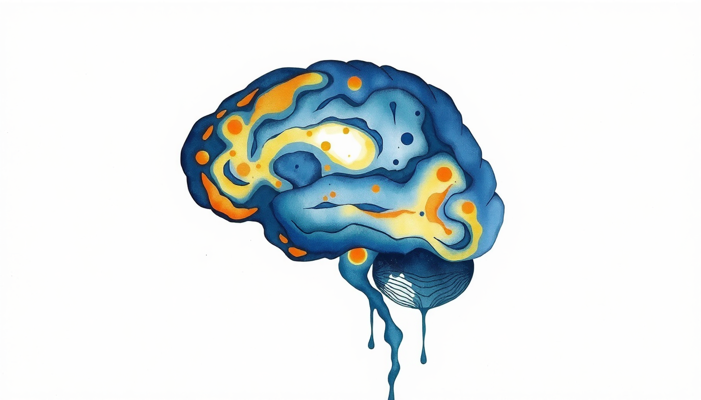 Abstract brain cross-section with blue and gold waves during rest.