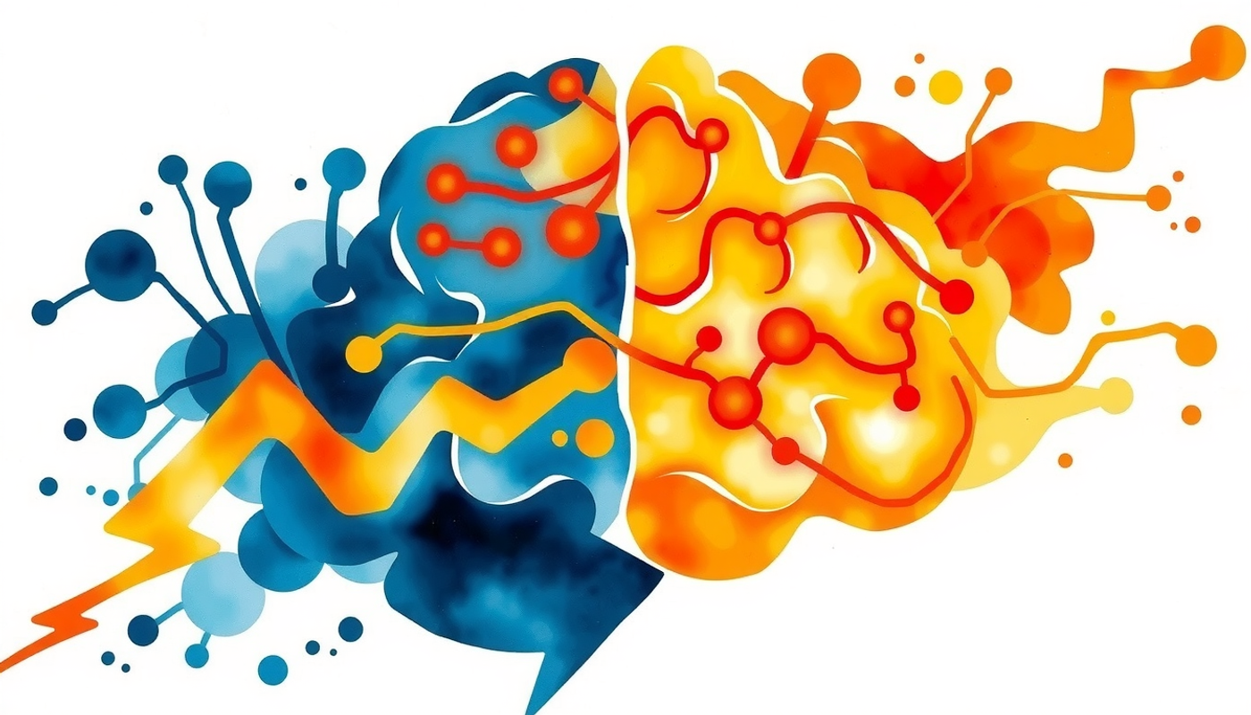 Brain divided into two halves, one side glowing orange, the other blue.