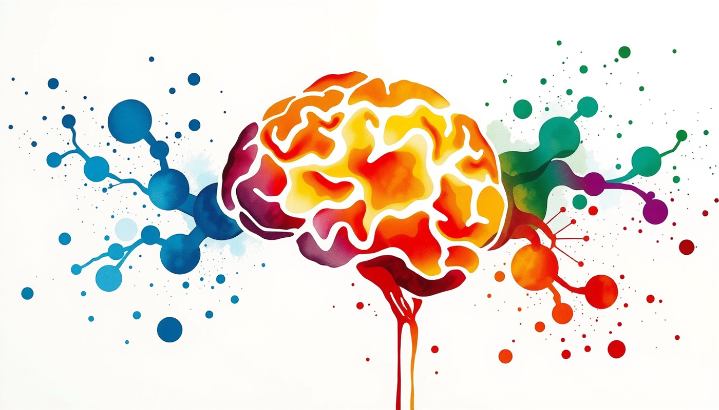 Abstract brain surrounded by atmospheric elements representing sleep, stress, aging, and emotion.