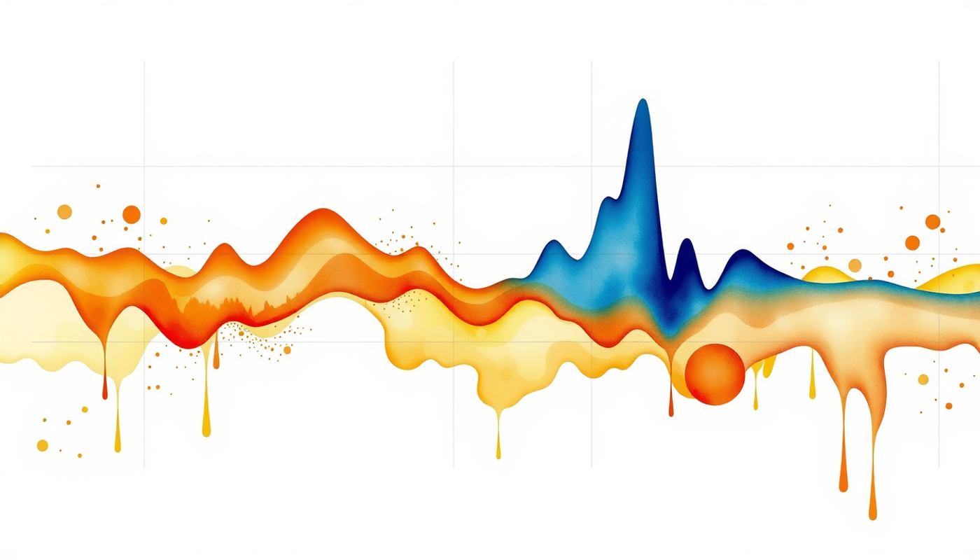 Abstract brain wave patterns in amber and deep blue on dark background.