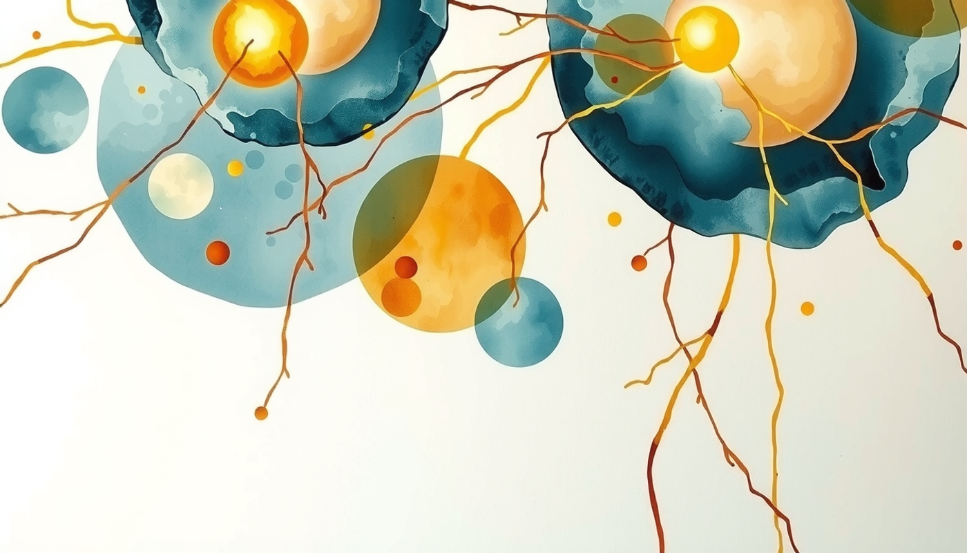 Small rounded cells with branching processes interacting with glowing threads.