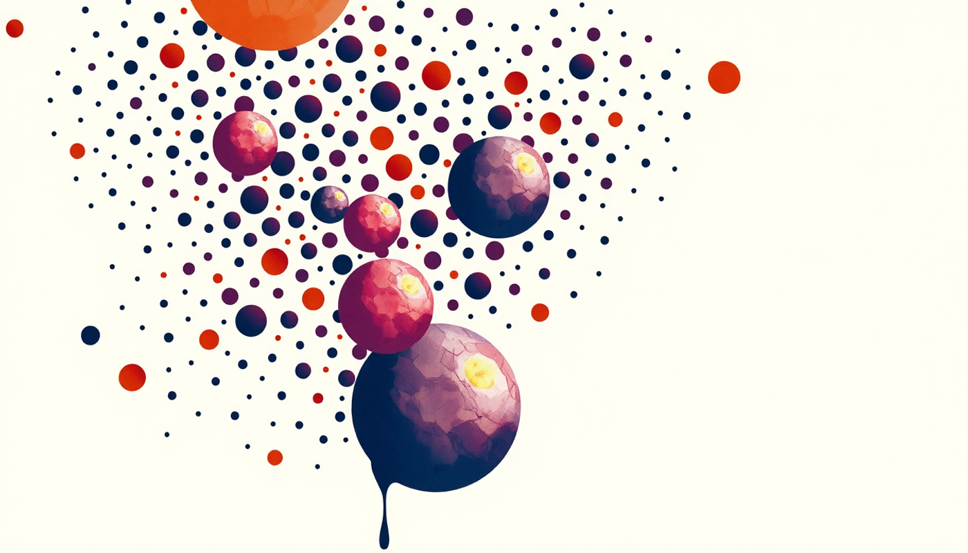 Colorful dots transforming into organized glowing clusters in abstract art.