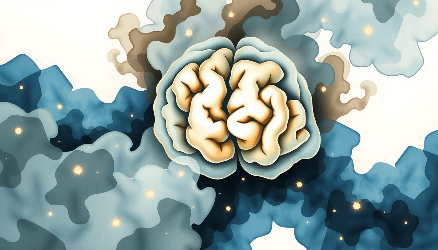 Abstract brain in grey fog with bright points on blue background.
