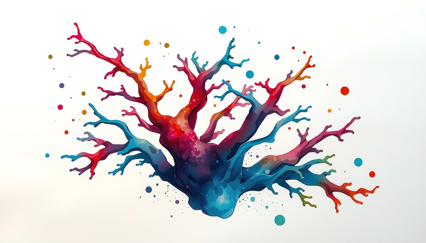 Abstract coral-like sculpture glowing amber against deep indigo background.