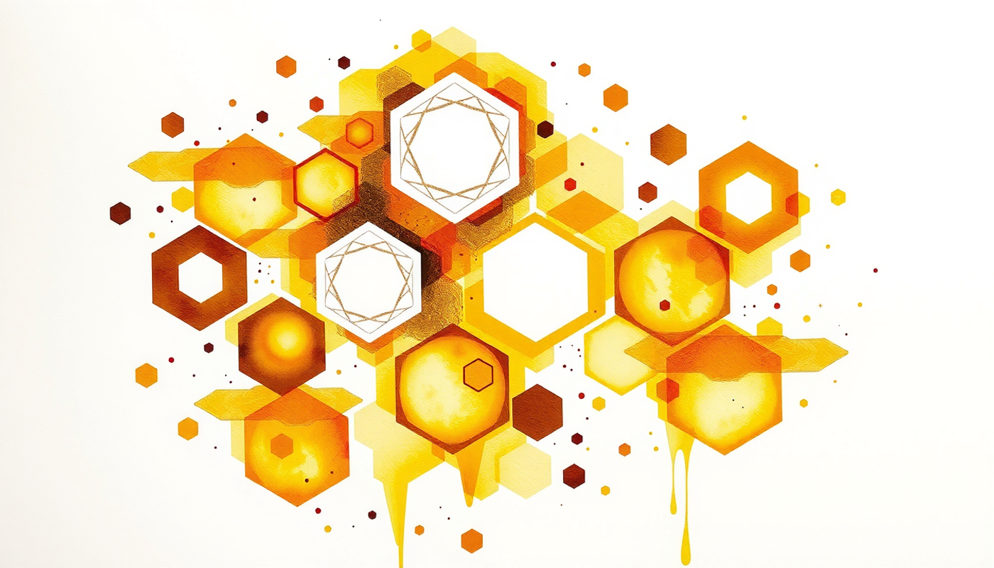 Dense honeycomb with crystalline shapes and empty surrounding cells, warmly backlit.
