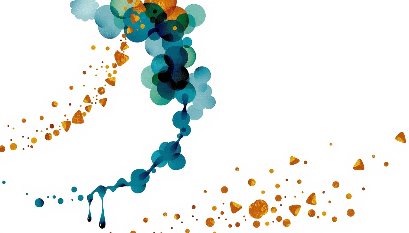 Golden particles forming and dismantling a crystalline lattice in teal.