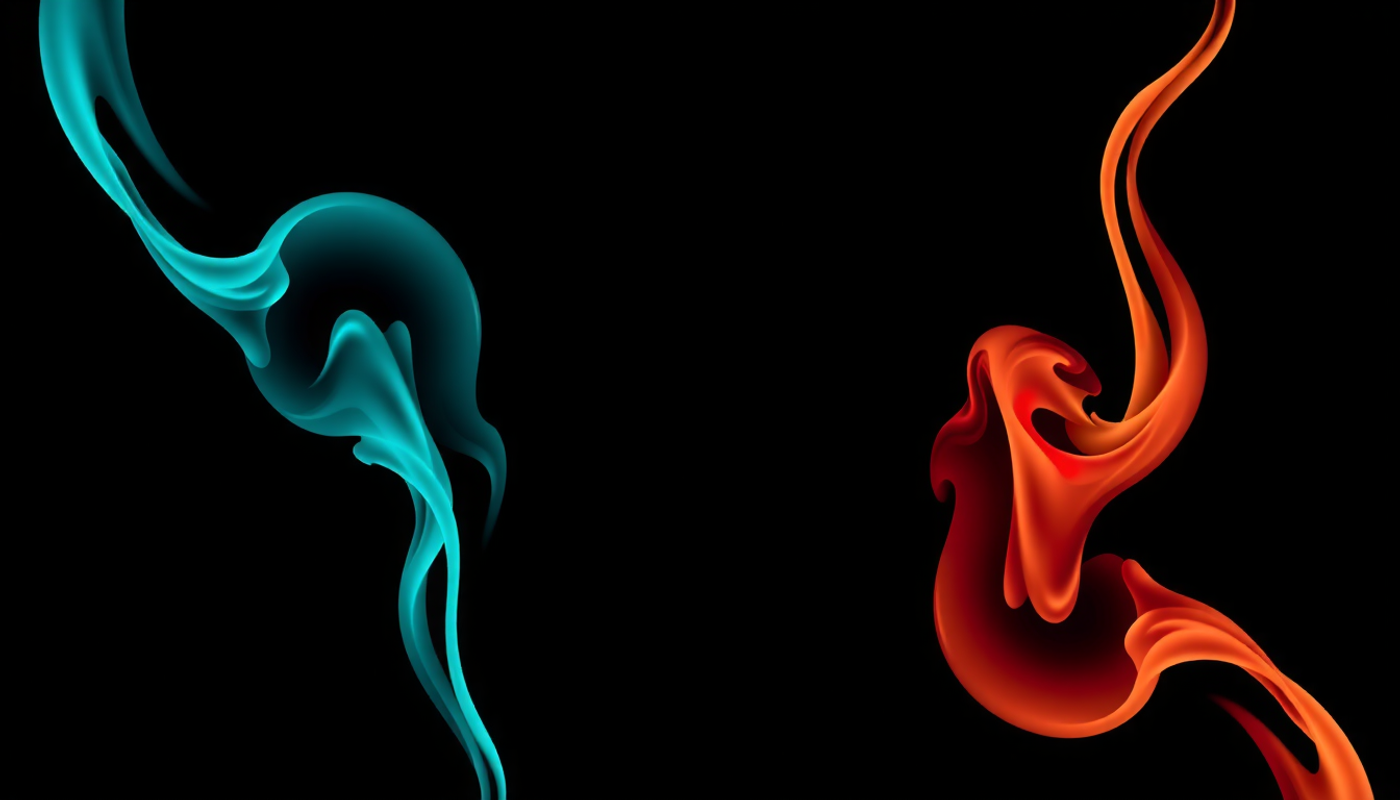 Swirling teal and crimson smoke currents in dark space.