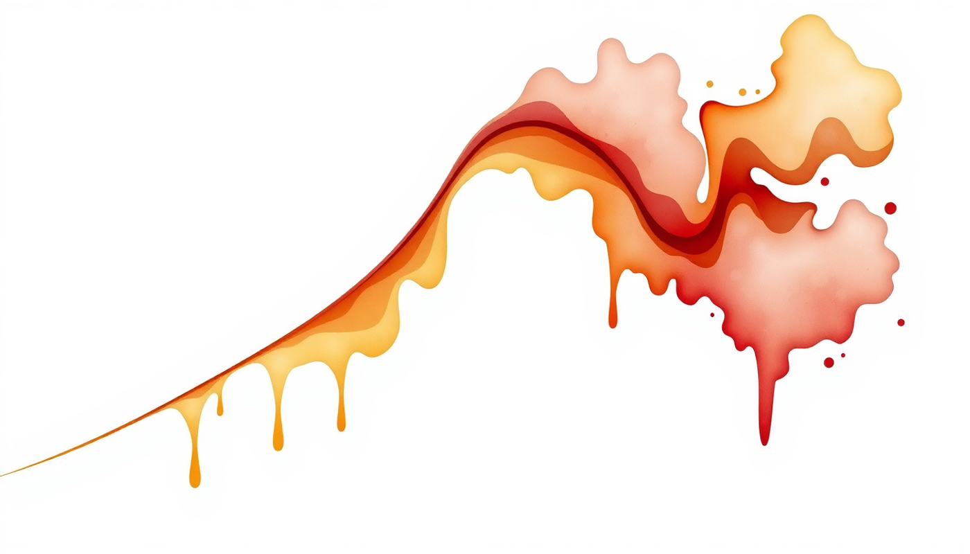 Two rising curves on a dark background, one amber and one crimson.