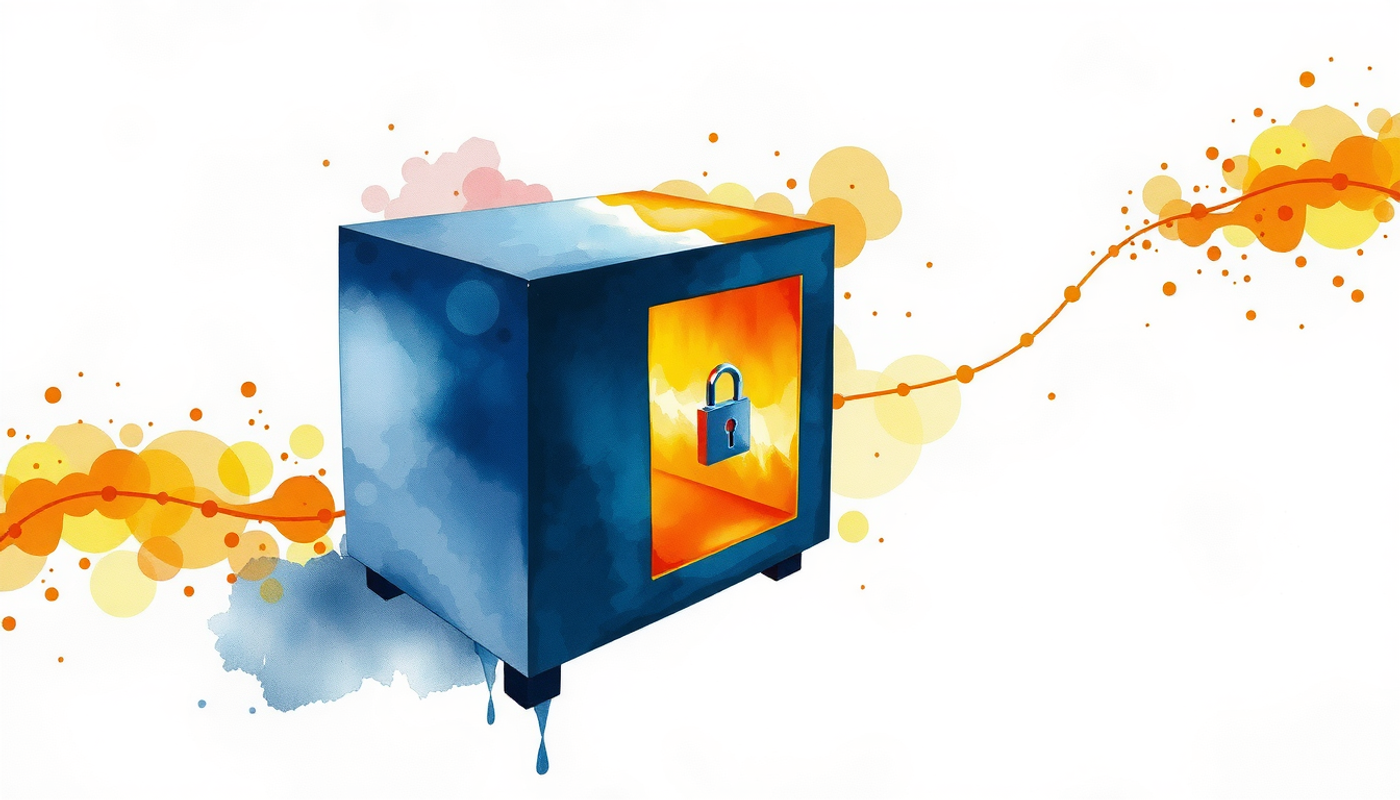 Data flowing from a glowing box into a vault or fading particles.