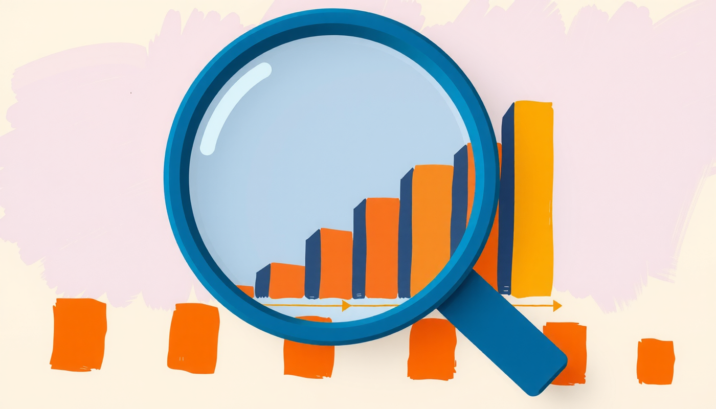 Abstract data visualization featuring a magnifying glass over study icons and a bar chart.
