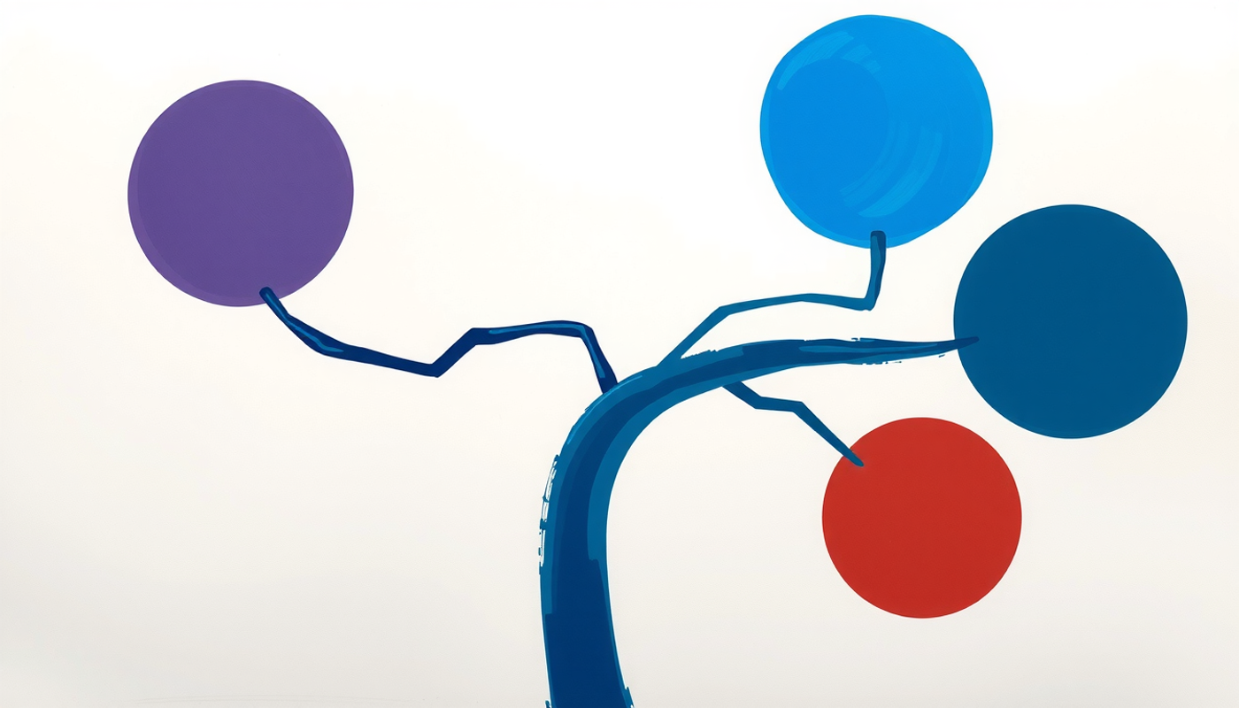 Abstract decision flowchart as a branching tree with colorful study tool categories.