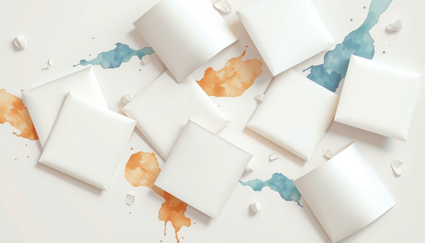 Scattered blank white paper squares on a soft, muted surface.