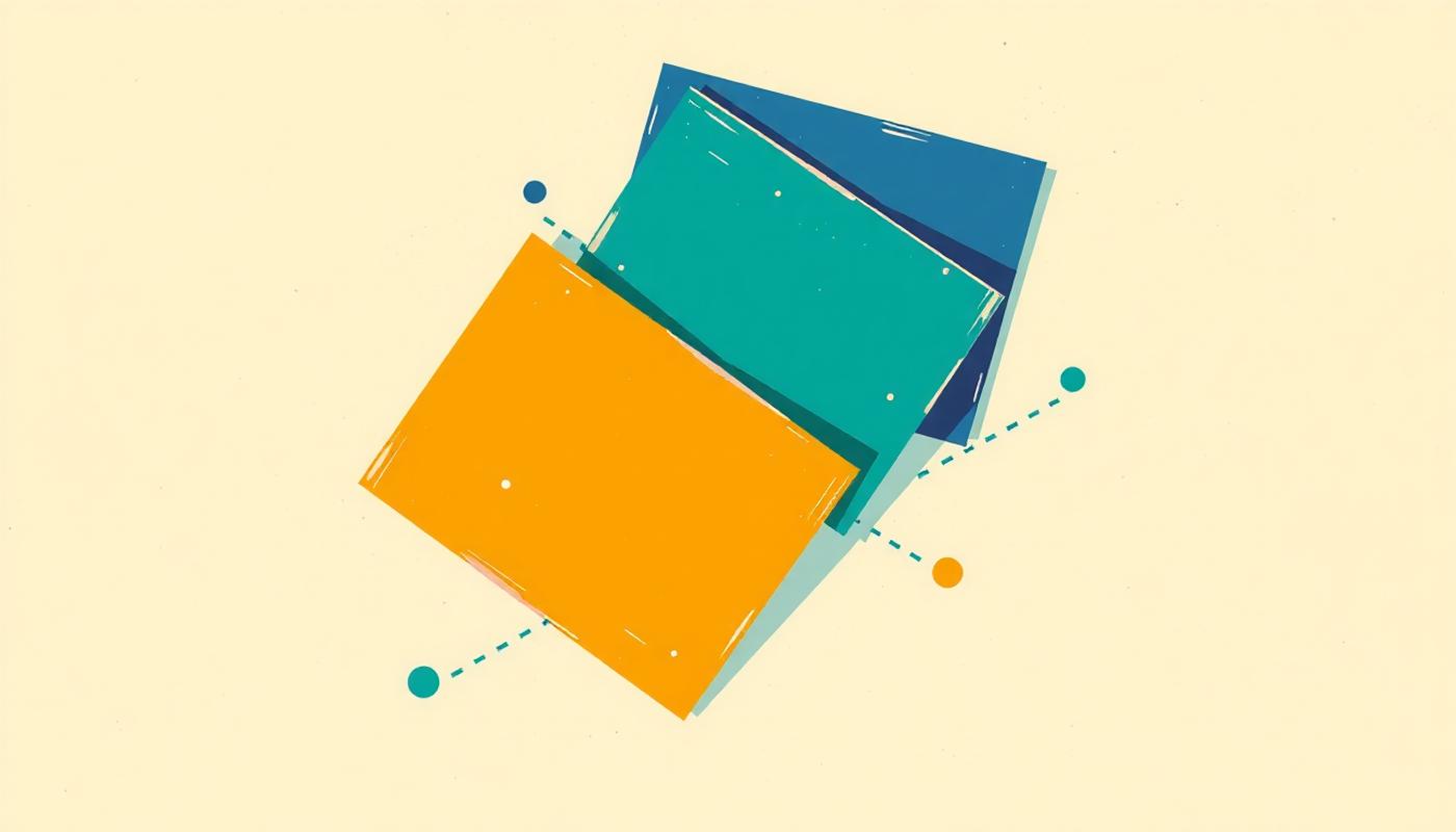 Three stylized flashcards in muted colors with glowing connection dots.