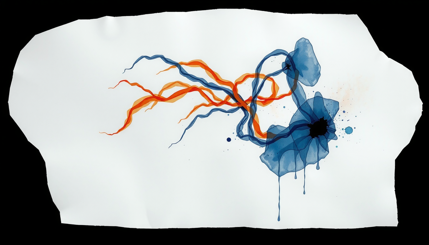 Glowing indigo filaments with amber weaving through in dark space.
