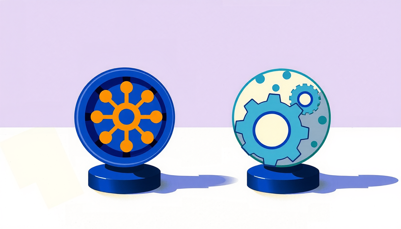 Two abstract flashcard app icons on a minimalist desk surface.