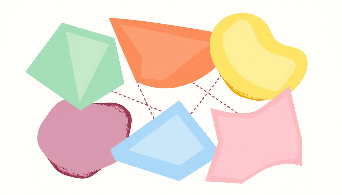 Colorful abstract flashcards in a soft gradient background.