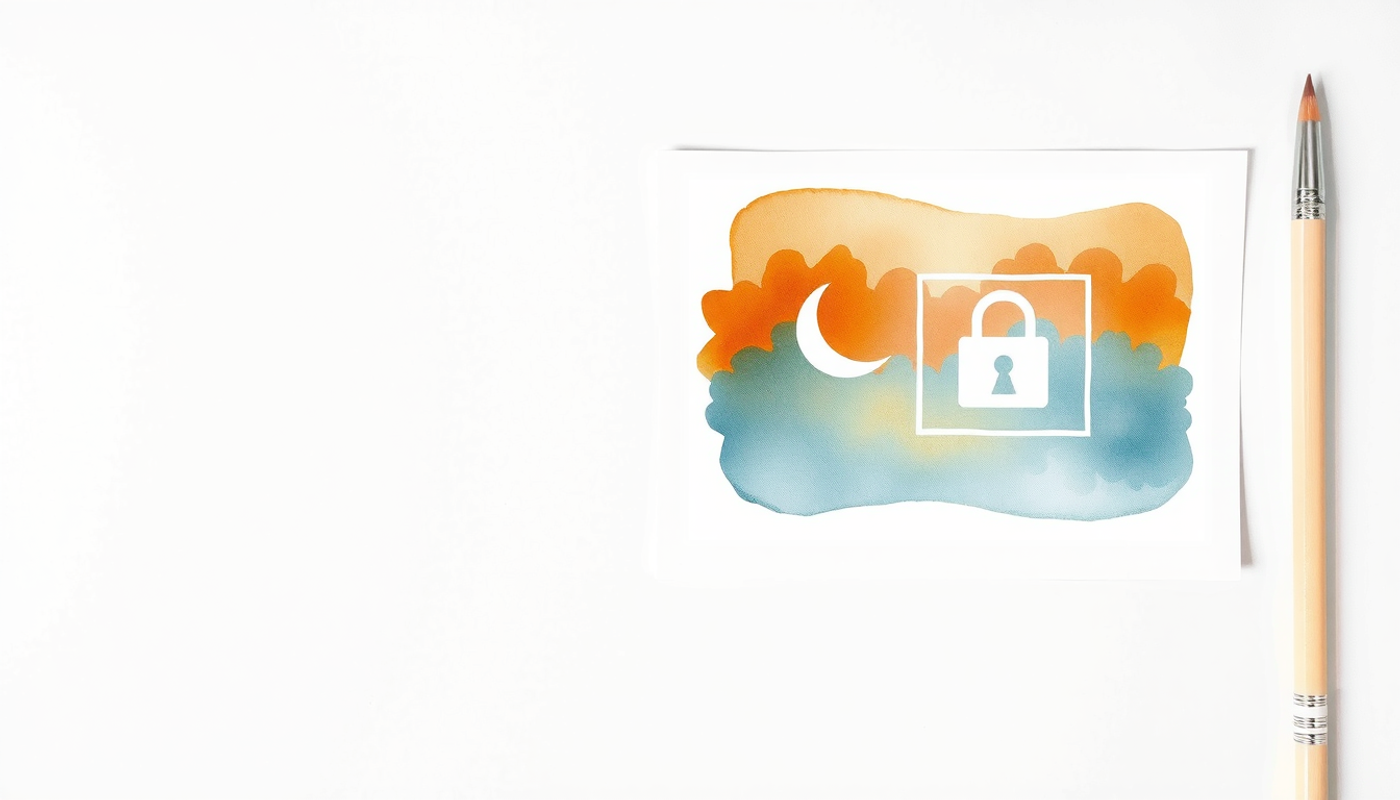 Two abstract flashcards on a desk with moon and padlock icons.