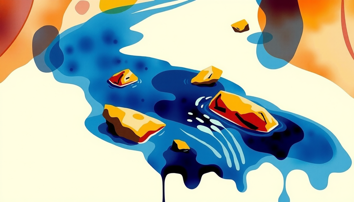 Calm blue river in canyon, symbolizing flow state with interruptions.