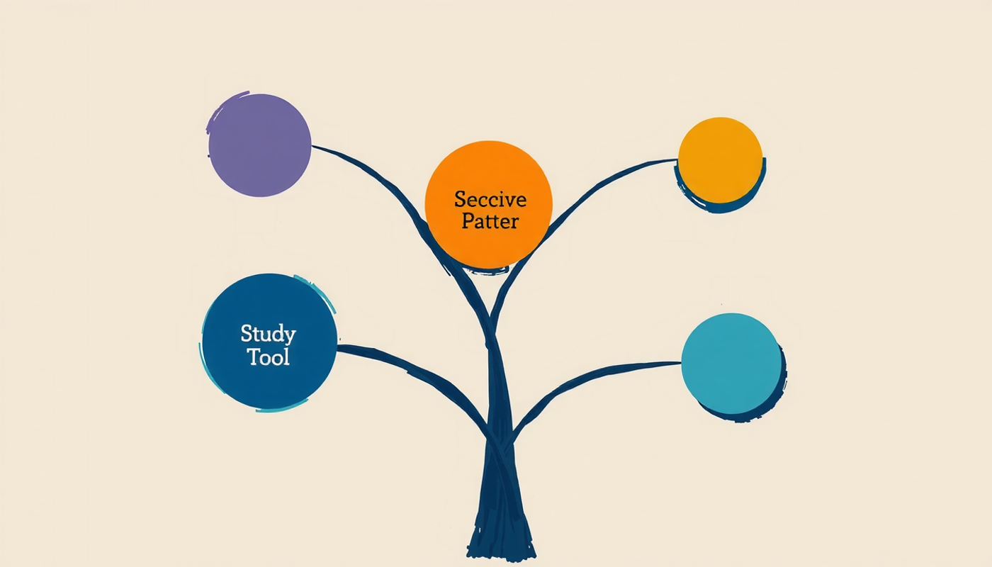Abstract decision flowchart tree with colorful study tool categories.