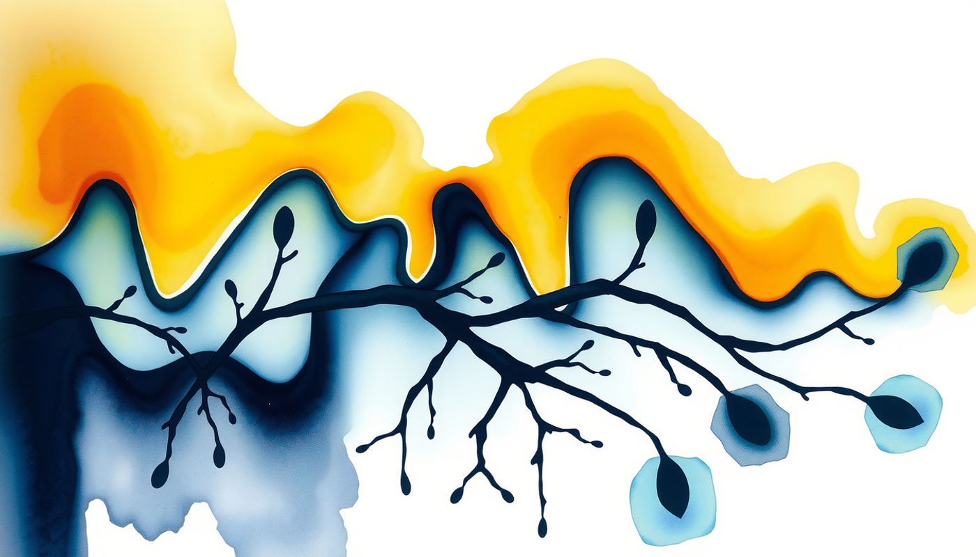 Dark abstract scene of varied forgetting curves resembling tree branches.