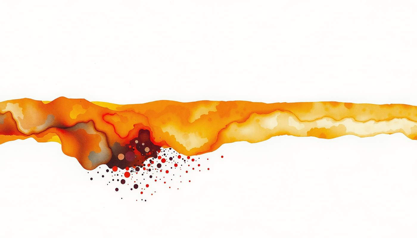 Fractured timeline ribbon glowing amber in dark space, fading to particles.